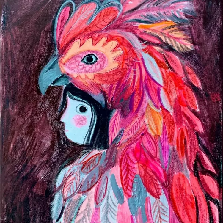 a drawing of a girl wearing a chicken head dress in pinks and reds. 